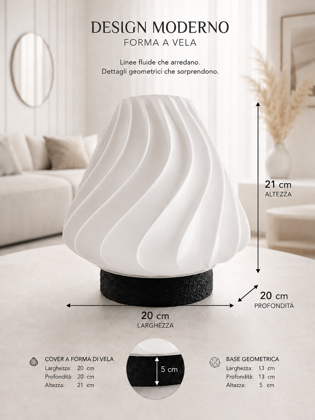 White modern table lamp with sculptural wave design and black geometric base, perfect for contemporary home décor, minimalist interiors and ambient lighting.