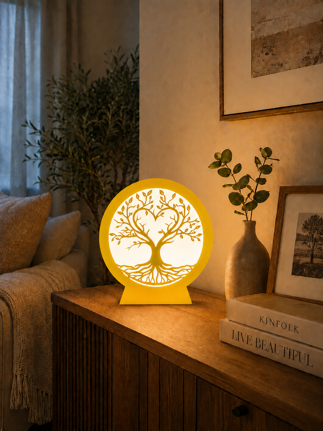 Luxury yellow Tree of Life LED lamp for elegant home decor, ambient lighting and unique gifts.