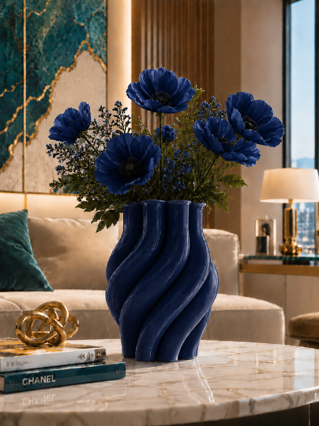 Elegant navy blue Margherita designer vase crafted with premium 3D printing technology in durable PETG, featuring a luxurious arrangement of deep blue flowers. Perfect for luxury home decor, modern living rooms, dining tables, offices, hotels and contemporary interiors. Made in Italy, ideal for fresh flowers, designer styling, premium interior decoration and elegant home accessories.
