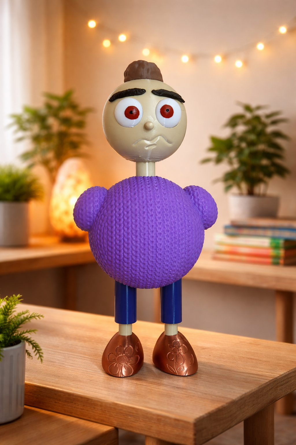 scultura decorativa Nonnina Fjoccolosa personaggio artistico PETG su tavolo in ambiente domestico