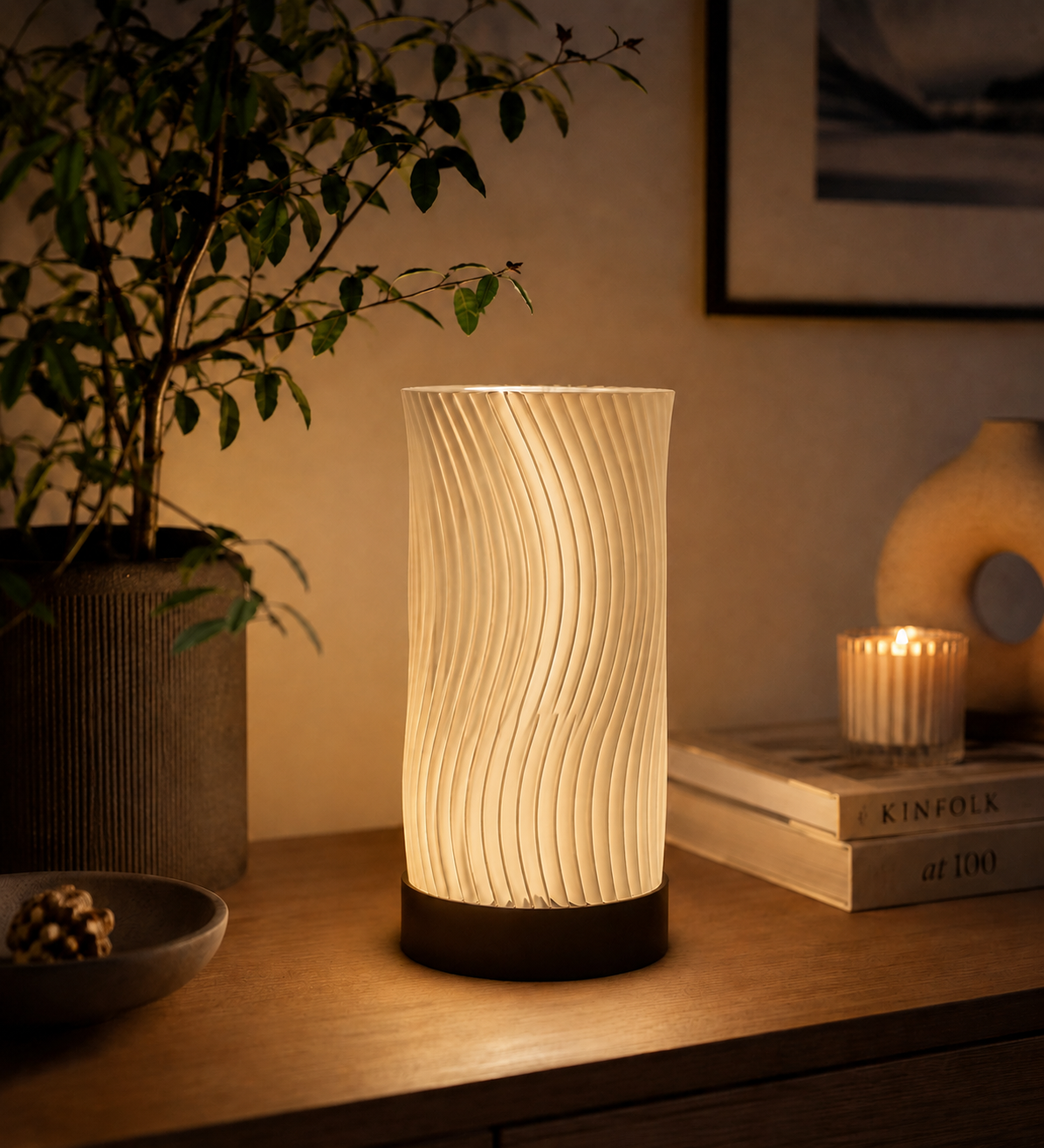 Beige Ocean Waves 3D printed LED table lamp with sculptural wave design and warm ambient lighting in a modern interior.