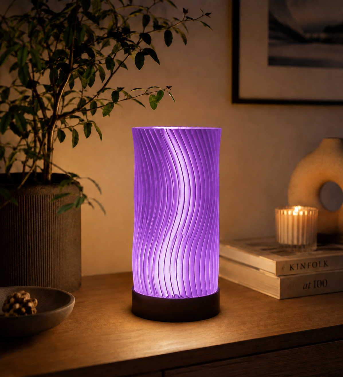 Purple Ocean Waves 3D printed LED table lamp with sculptural wave design and ambient glow in a modern interior.