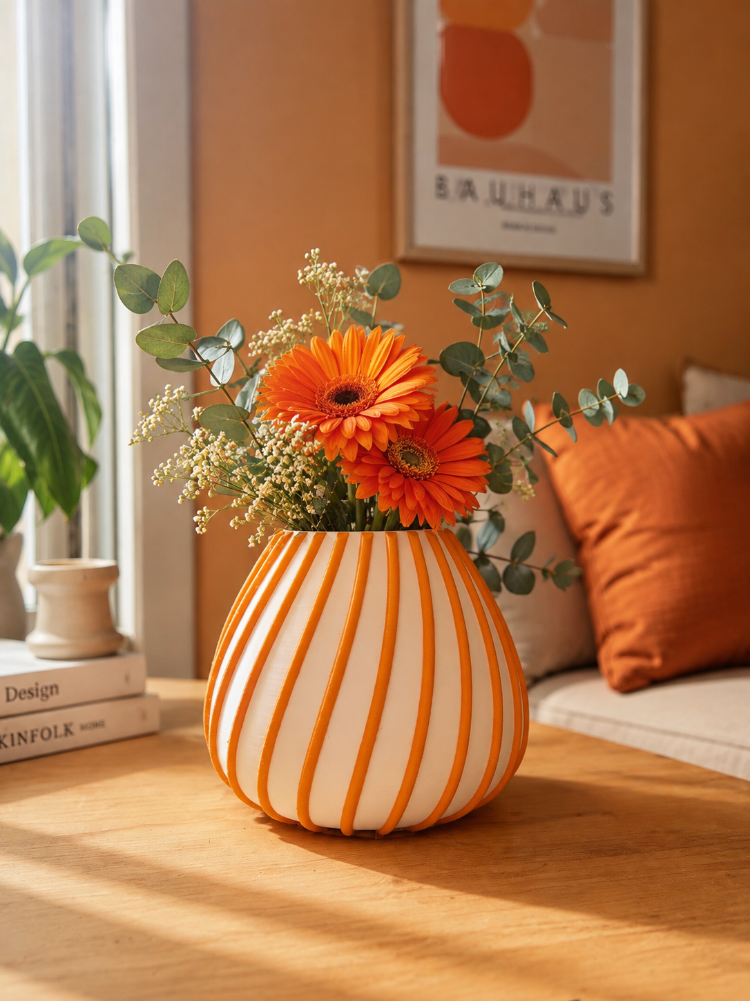 Orange & White Striped Designer Vase – Modern Decorative Flower Vase for Contemporary Home Decor