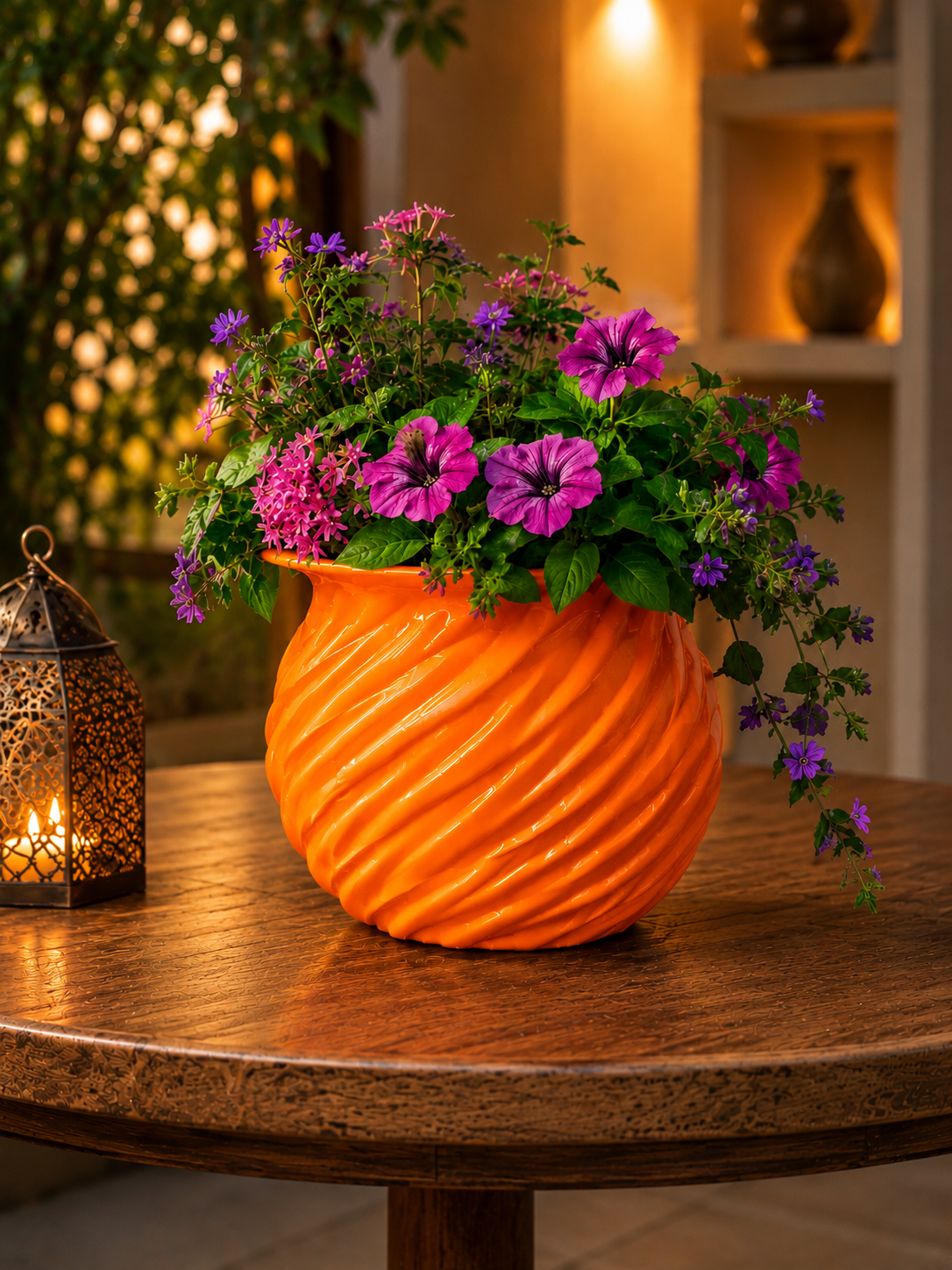 Elegant orange 3D printed planter featuring a modern spiral design, filled with vibrant colorful flowers. Premium decorative flower pot for indoor plants, luxury home decor, contemporary interior design, living room decoration, botanical styling, designer home accessories and modern floral arrangement.