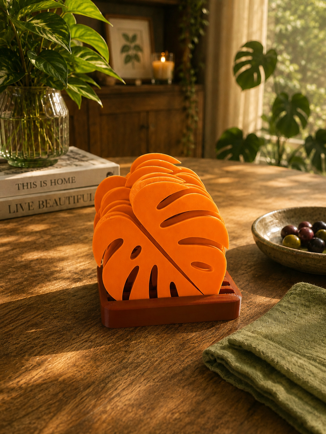 Vibrant Orange Monstera Leaf Coasters with Matching Holder, expertly 3D Printed in Premium PETG. Modern Drink Coasters for Wine Glasses, Coffee Mugs, Cocktails and Elegant Table Decor. Stylish Botanical Home Accessories Made in Italy.