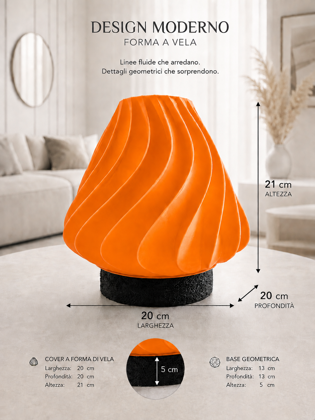 Modern orange table lamp with sculptural wave design and black geometric base, perfect for contemporary home décor, statement lighting and modern interiors.