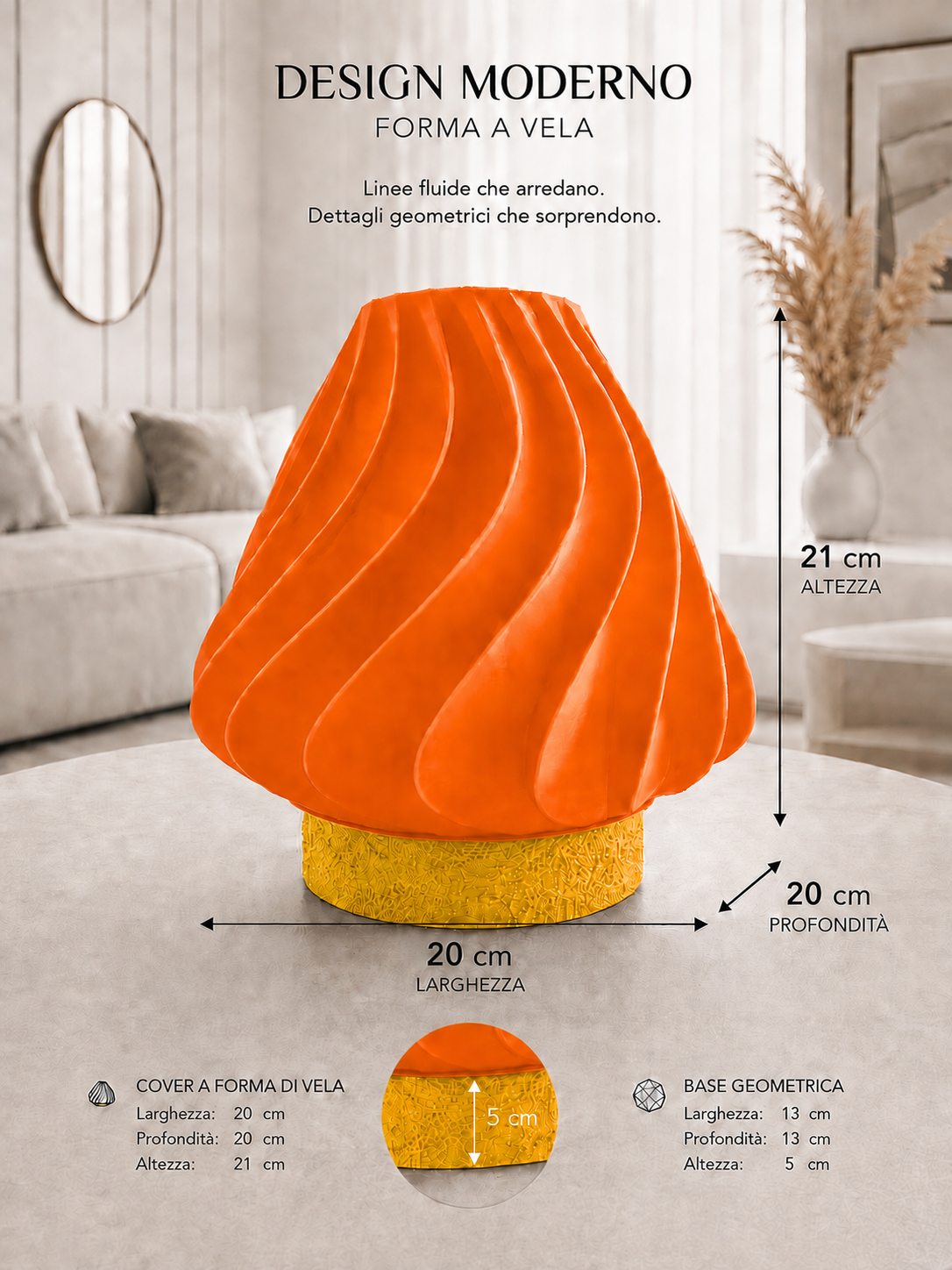Orange sculptural table lamp with yellow geometric base and flowing wave design, ideal for contemporary home décor, colorful interiors and statement lighting.