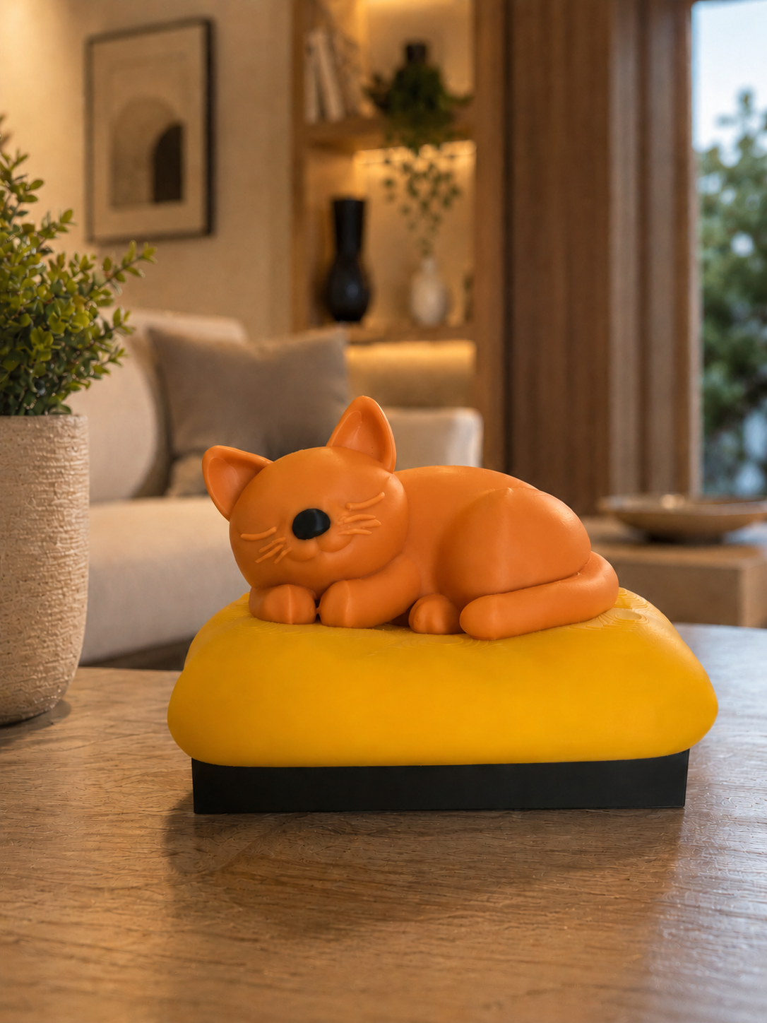 Charming orange sleeping cat sculpture with a black nose resting on a soft yellow cushion. Modern 3D printed cat statue designed for living rooms, bedrooms, offices, shelves, and contemporary interiors. A unique minimalist home decor piece and a thoughtful gift for cat lovers, modern design enthusiasts, and stylish interior decoration.