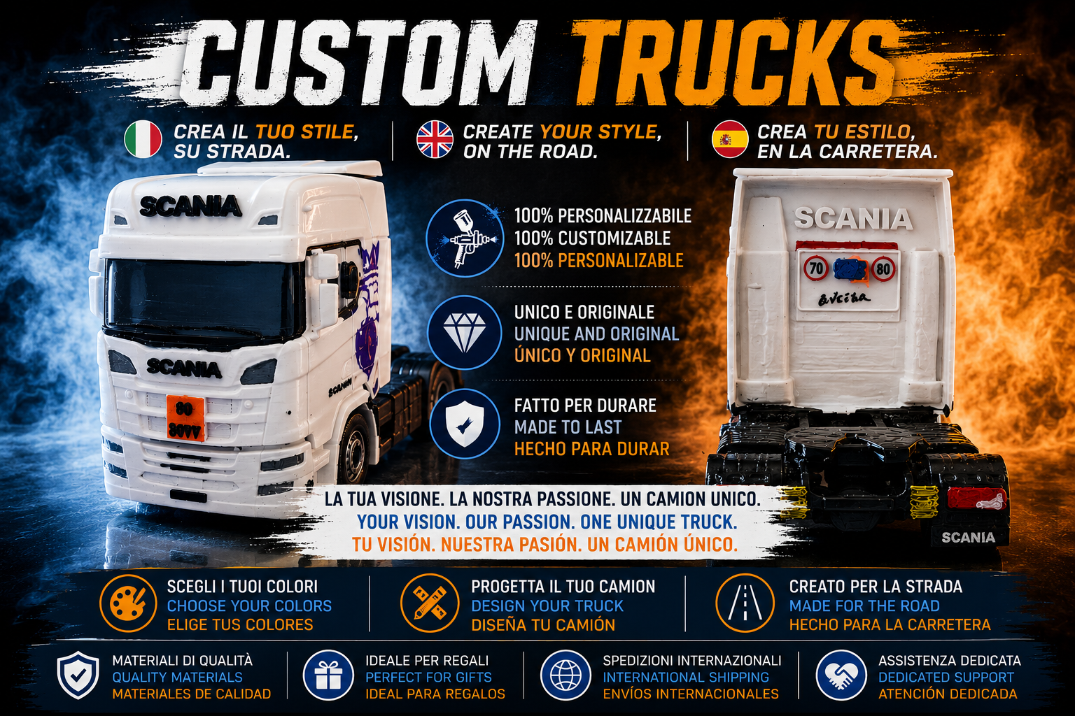Create a personalized model truck with custom colors, graphics and details. A unique miniature truck designed around your style and vision.
