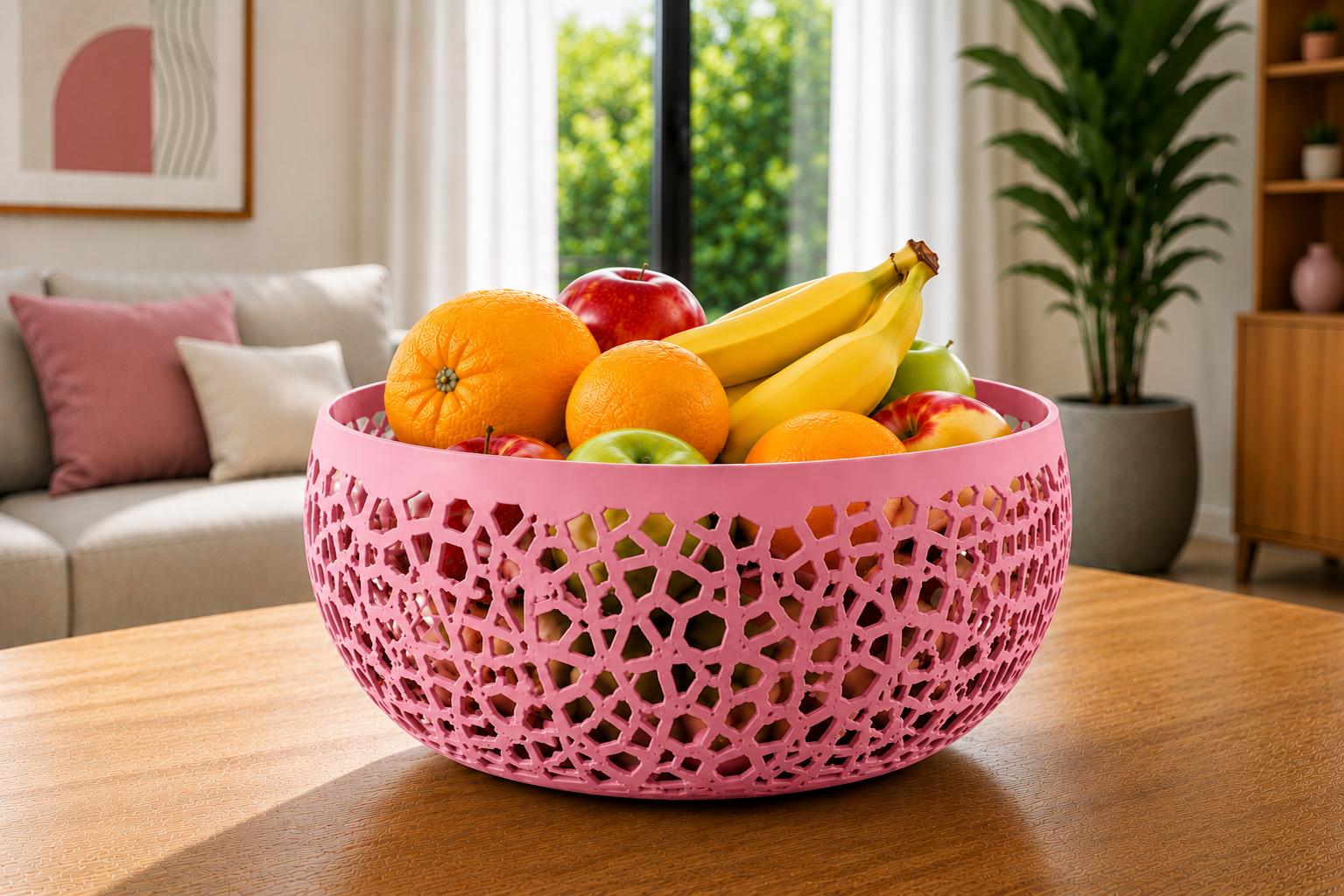 The Pink Lumea modern fruit bowl is a premium 3D printed decorative basket crafted from durable PETG. Its elegant geometric openwork design and soft pink finish create a stylish centerpiece for displaying fresh fruit while adding a modern and sophisticated touch to kitchens, dining rooms, and contemporary living spaces. Designed and made in Italy, this luxury fruit basket combines timeless Italian craftsmanship, minimalist design, and everyday functionality, making it the perfect decorative fruit bowl for k
