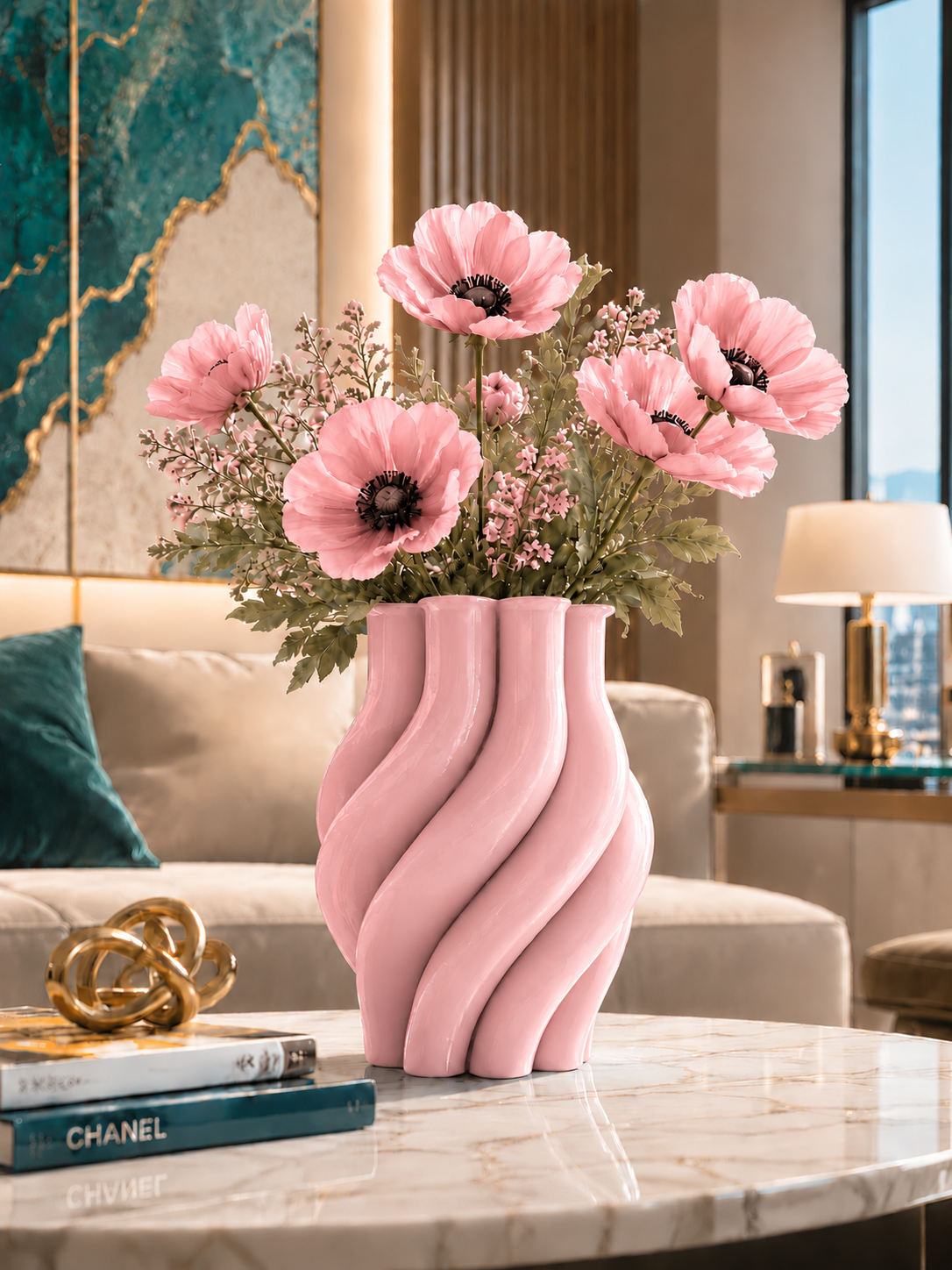 Elegant pink Margherita designer vase expertly crafted with premium 3D printing technology in durable PETG, featuring a stunning pink floral arrangement that enhances its modern sculptural design. Luxury home decor for living rooms, dining tables, offices, hotels and contemporary interiors. Made in Italy, perfect for fresh flowers, designer styling, elegant interior decoration and premium home accessories.