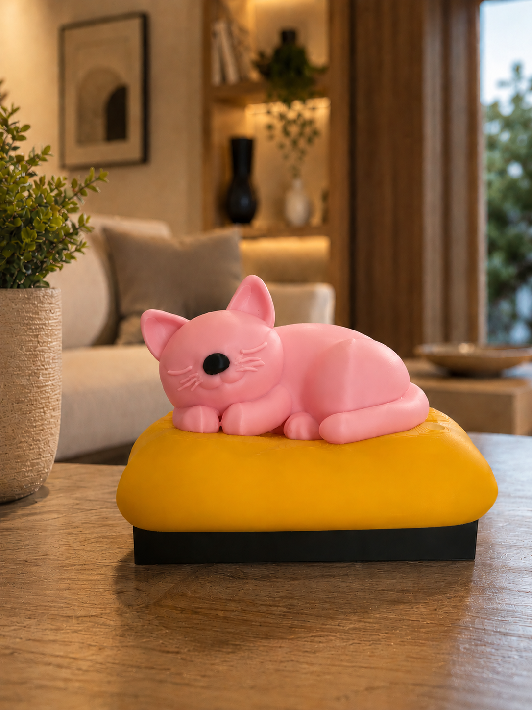 Elegant pink sleeping cat sculpture with a black nose resting on a soft yellow cushion. Modern 3D printed cat statue designed for living rooms, bedrooms, offices, shelves, and contemporary interiors. A stylish minimalist home decor piece and a unique gift for cat lovers, modern design enthusiasts, and elegant interior decoration.