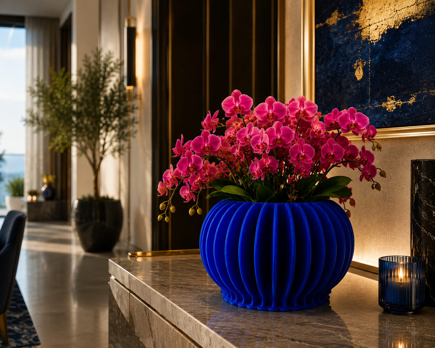 Elegant blue decorative planter with vivid pink orchids in a luxury contemporary interior. Premium 3D printed vase designed for modern home decoration and indoor plants.