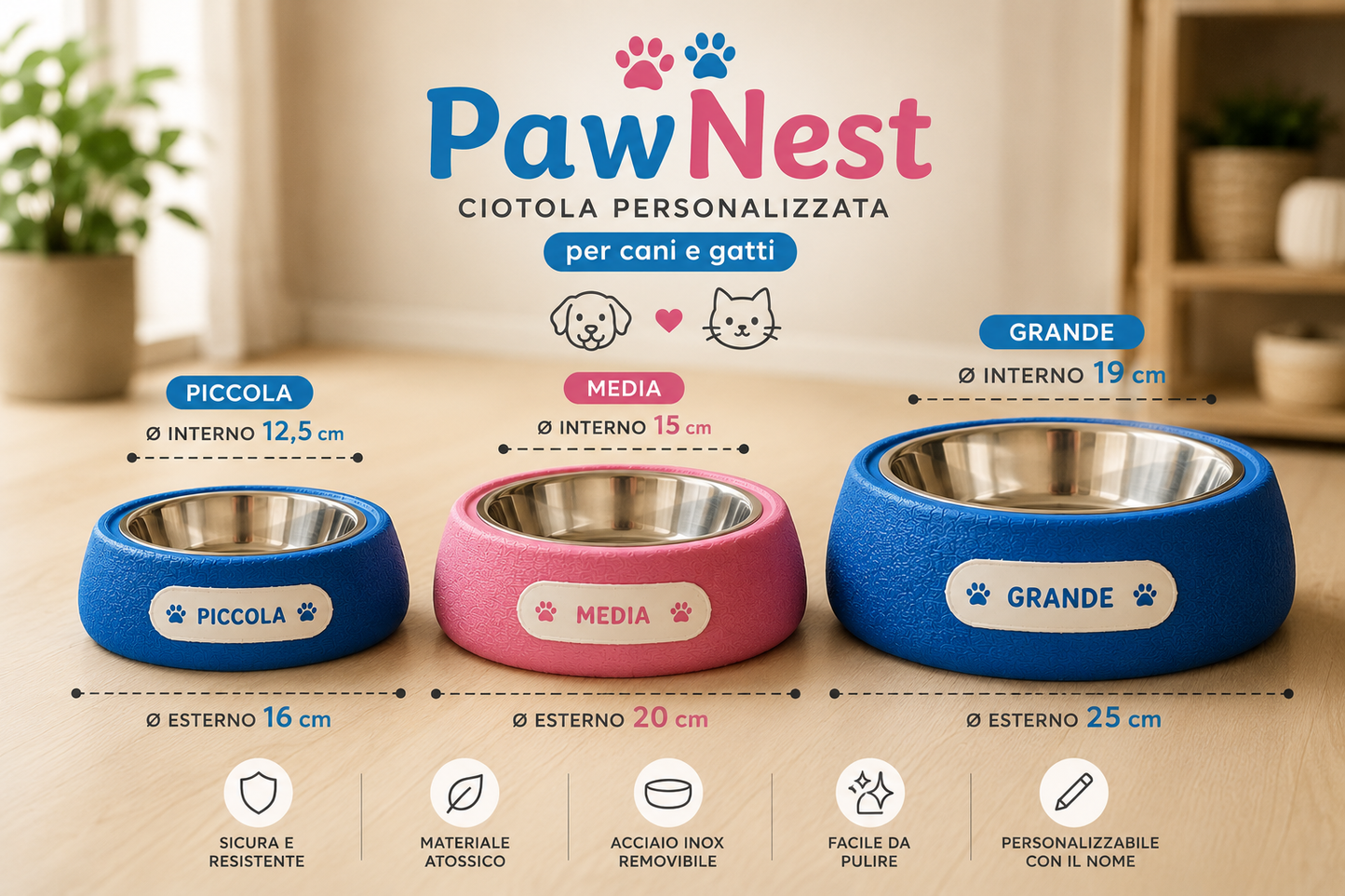 Premium 3D printed PETG pet bowl holder available in multiple sizes for dogs and cats.