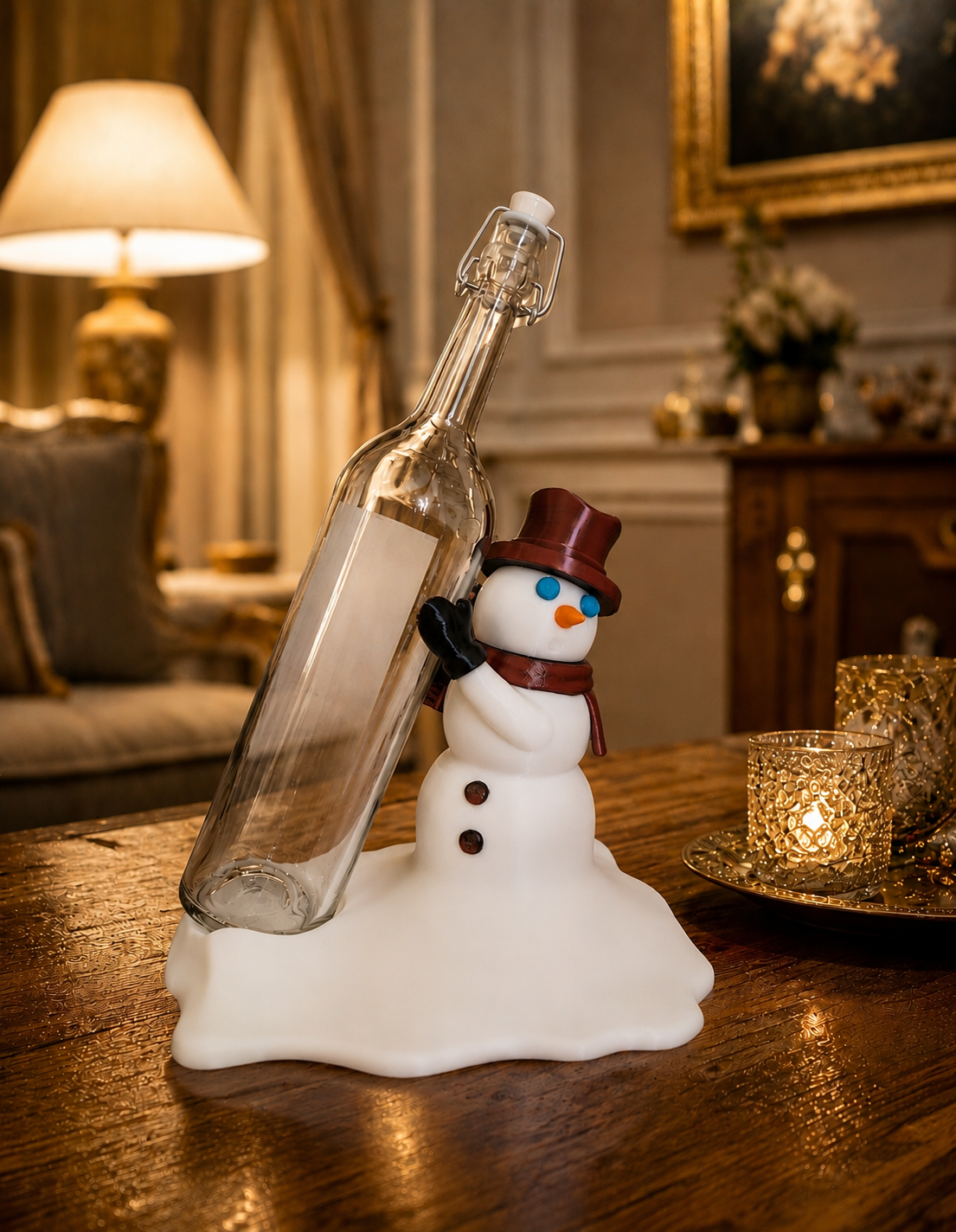 porta bottiglia pupazzo di neve 3D con bottiglia vino, decorazione natalizia elegante per tavola