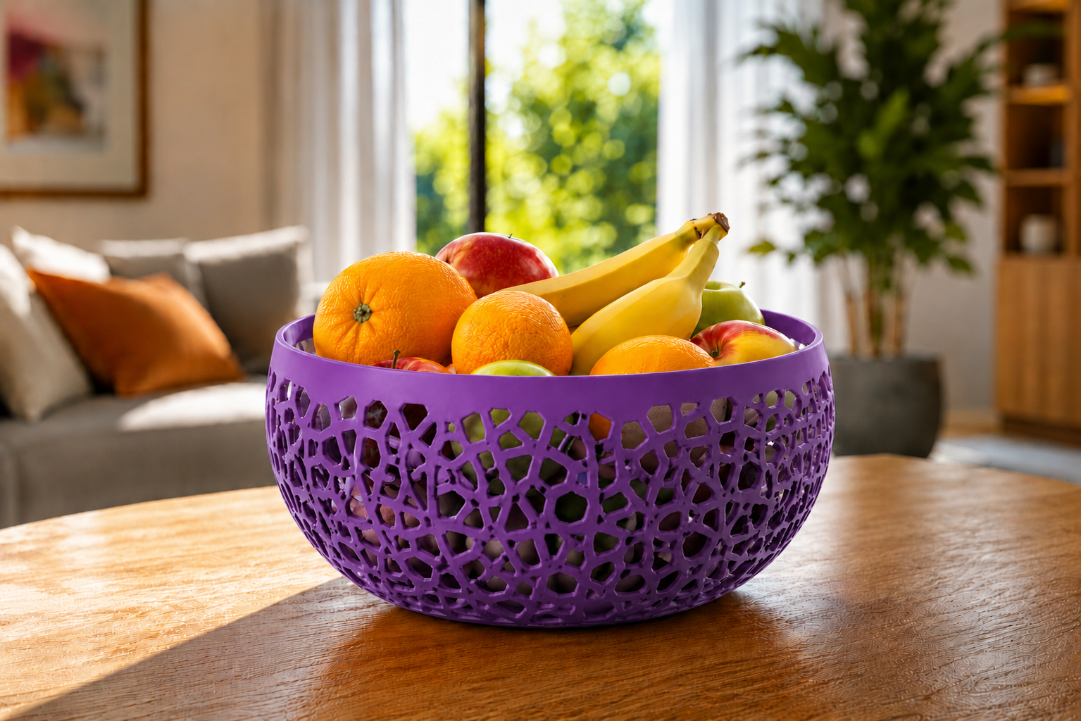 The Purple Lumea modern fruit bowl is a premium 3D printed decorative basket crafted from high-quality PETG. Its elegant geometric openwork design and rich purple finish create a striking centerpiece for fresh fruit, adding a sophisticated touch to contemporary kitchens, dining rooms, and luxury living spaces. Designed and made in Italy, this modern fruit basket combines exceptional craftsmanship, everyday functionality, and timeless Italian design, making it an ideal decorative bowl for stylish home décor,