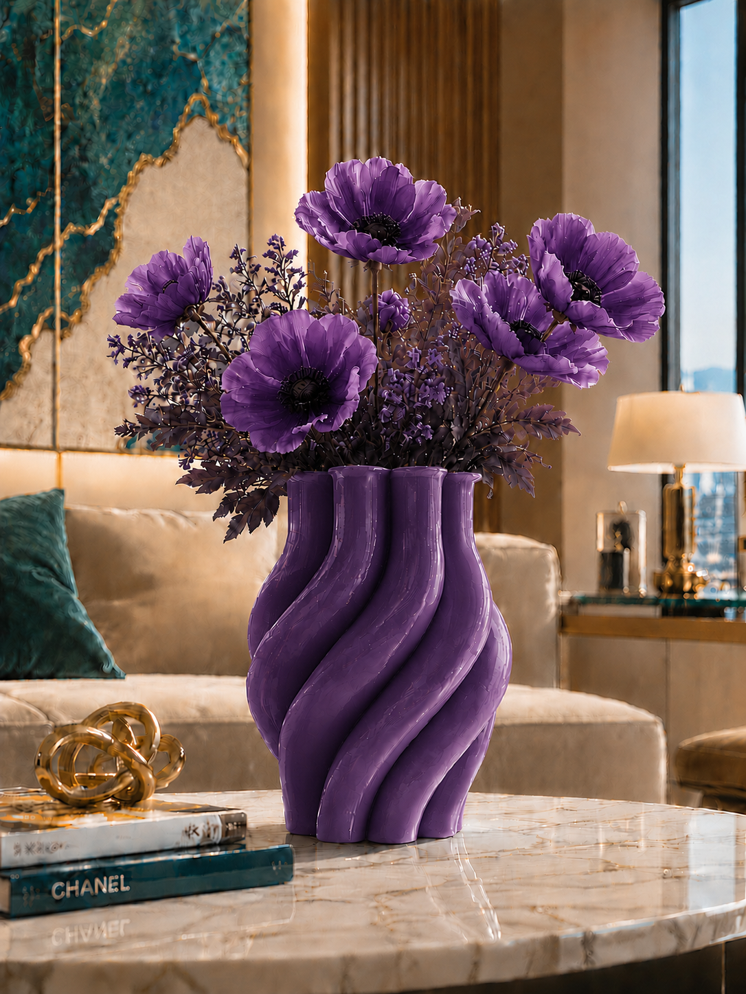 Elegant purple Margherita designer vase expertly crafted with premium 3D printing technology in durable PETG, featuring a luxurious arrangement of vibrant purple flowers that enhances its sculptural contemporary design. Perfect for luxury home decor, living rooms, dining tables, offices, hotels and modern interiors. Made in Italy, ideal for fresh flowers, designer styling, premium interior decoration and elegant home accessories.