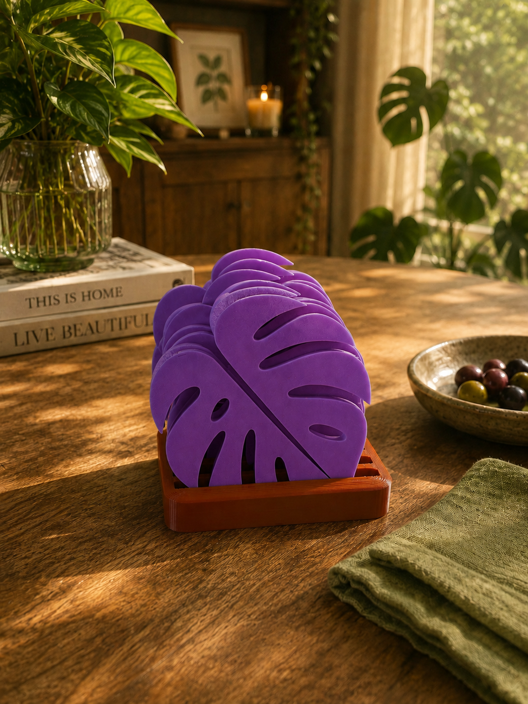 Elegant Purple Monstera Leaf Coasters with Matching Holder, expertly 3D Printed in Premium PETG. Modern Drink Coasters for Wine Glasses, Coffee Mugs, Cocktails and Stylish Table Decor. Botanical Home Accessories with Contemporary Design, Made in Italy.