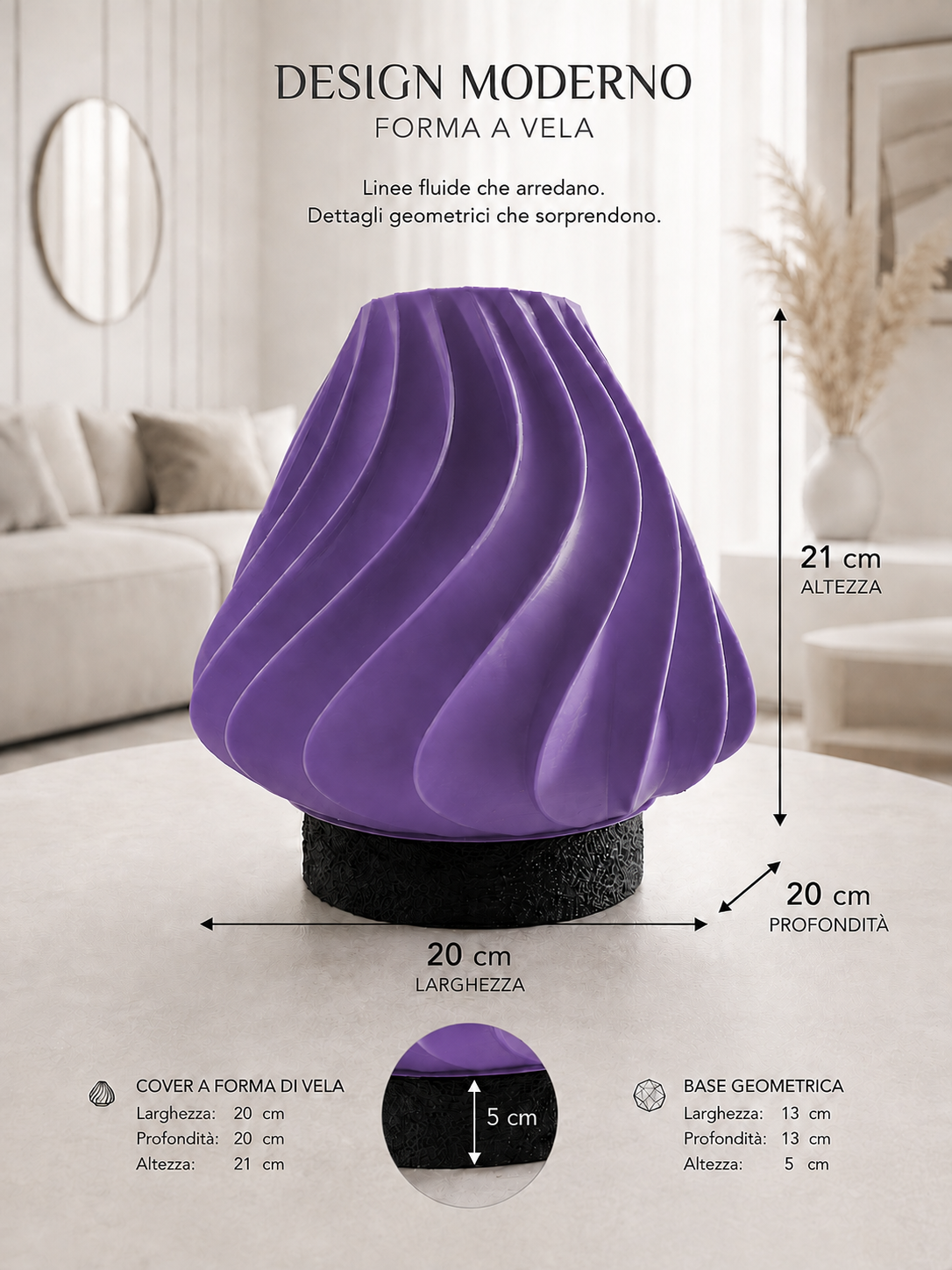 Purple modern table lamp with sculptural wave design and black geometric base, ideal for contemporary home décor, ambient lighting and stylish modern interiors.