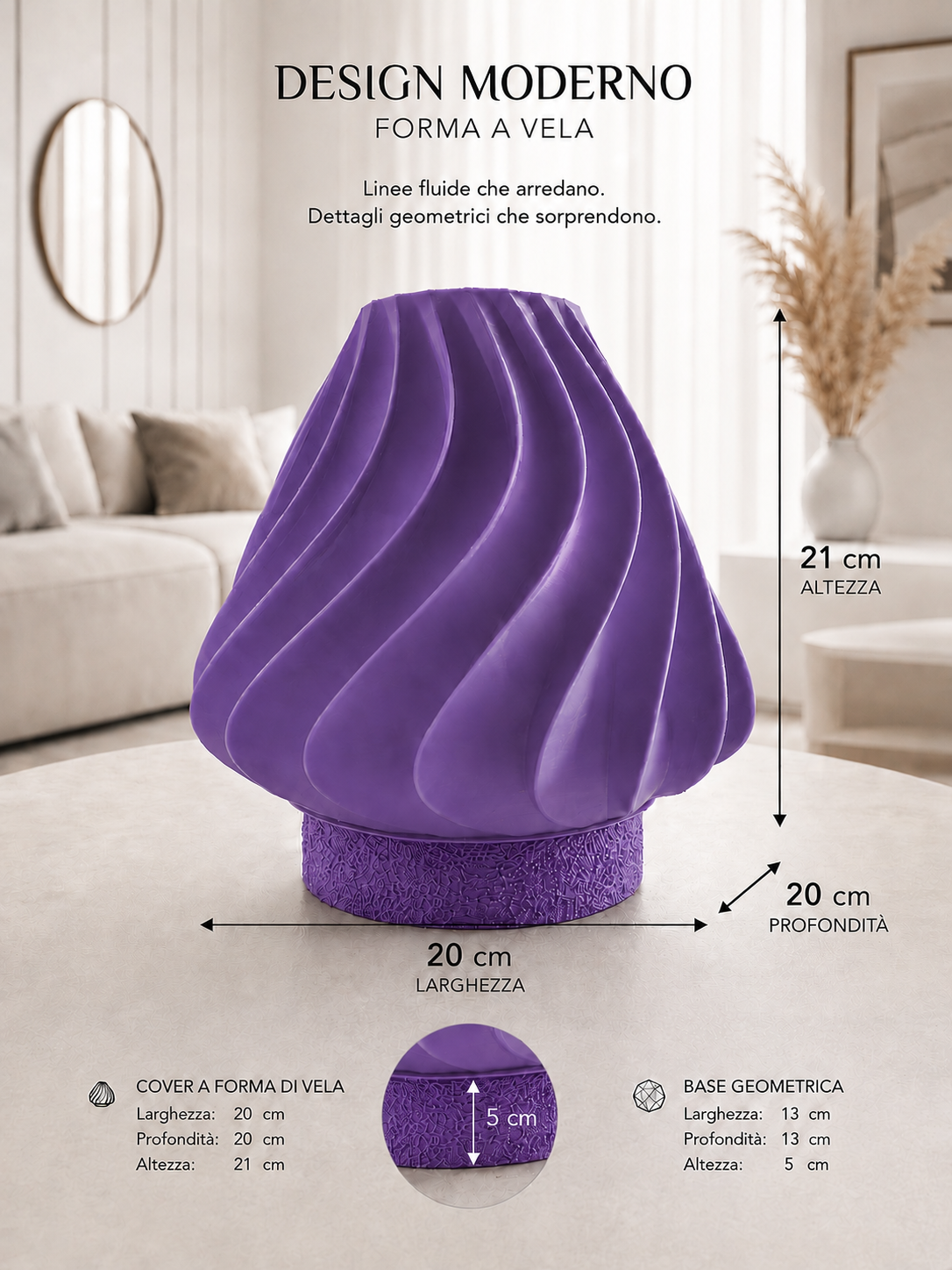 Purple sculptural table lamp with matching purple geometric base and flowing wave design, ideal for modern home décor, contemporary interiors and statement lighting.