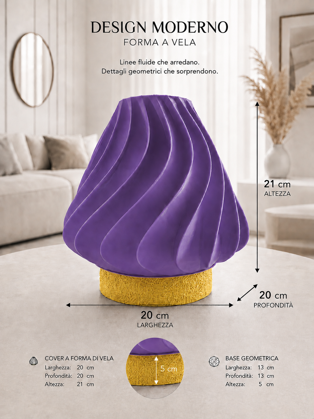 Purple sculptural table lamp with a yellow geometric base and modern wave design, ideal for colorful interiors, contemporary home décor and statement lighting.