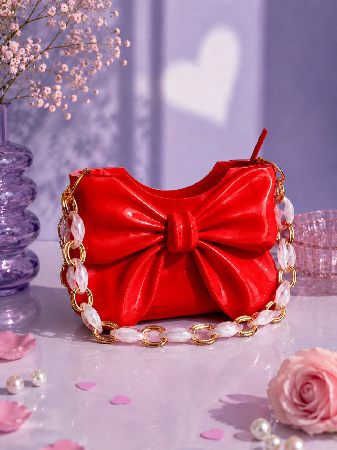 Elegant red Dany bow handbag designed in 3D and crafted with high-quality PLA. A glossy designer shoulder bag featuring a statement bow, perfect for modern women's fashion, special occasions, parties, evening outfits, luxury accessories and stylish everyday looks. Unique fashion gift for her with contemporary design.