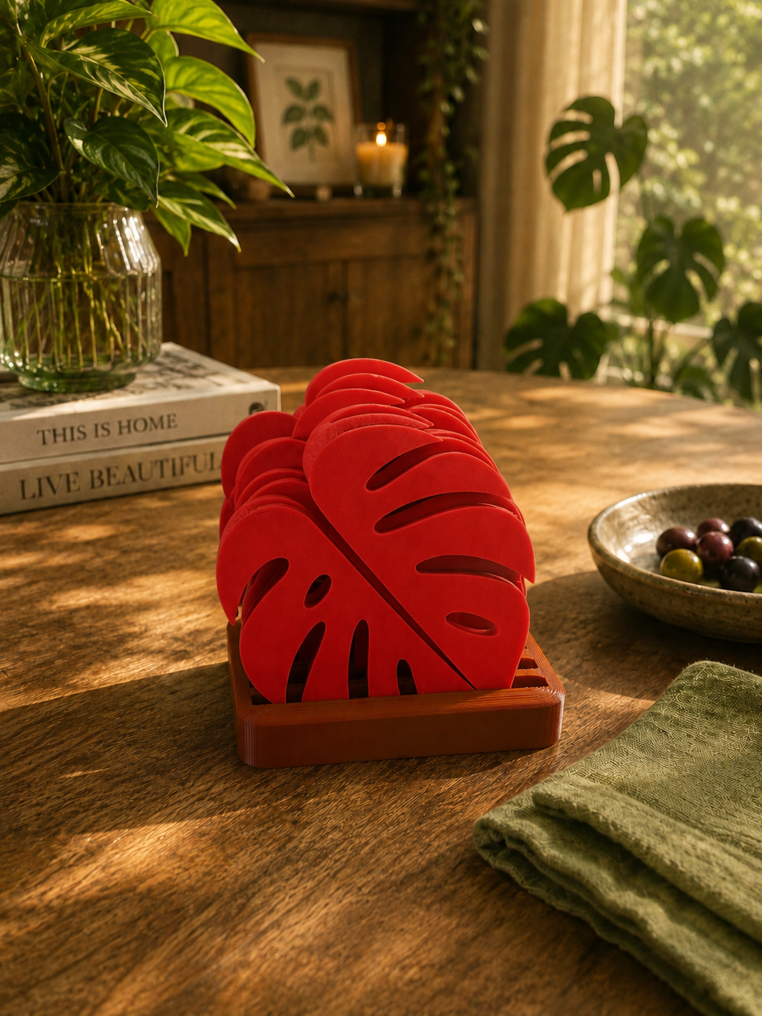 Premium Red Monstera Leaf Coasters with Matching Holder, 3D Printed in PETG. Modern Drink Coasters for Wine Glasses, Coffee Mugs, Cocktails and Elegant Table Decor. Stylish Botanical Home Accessories Made in Italy.