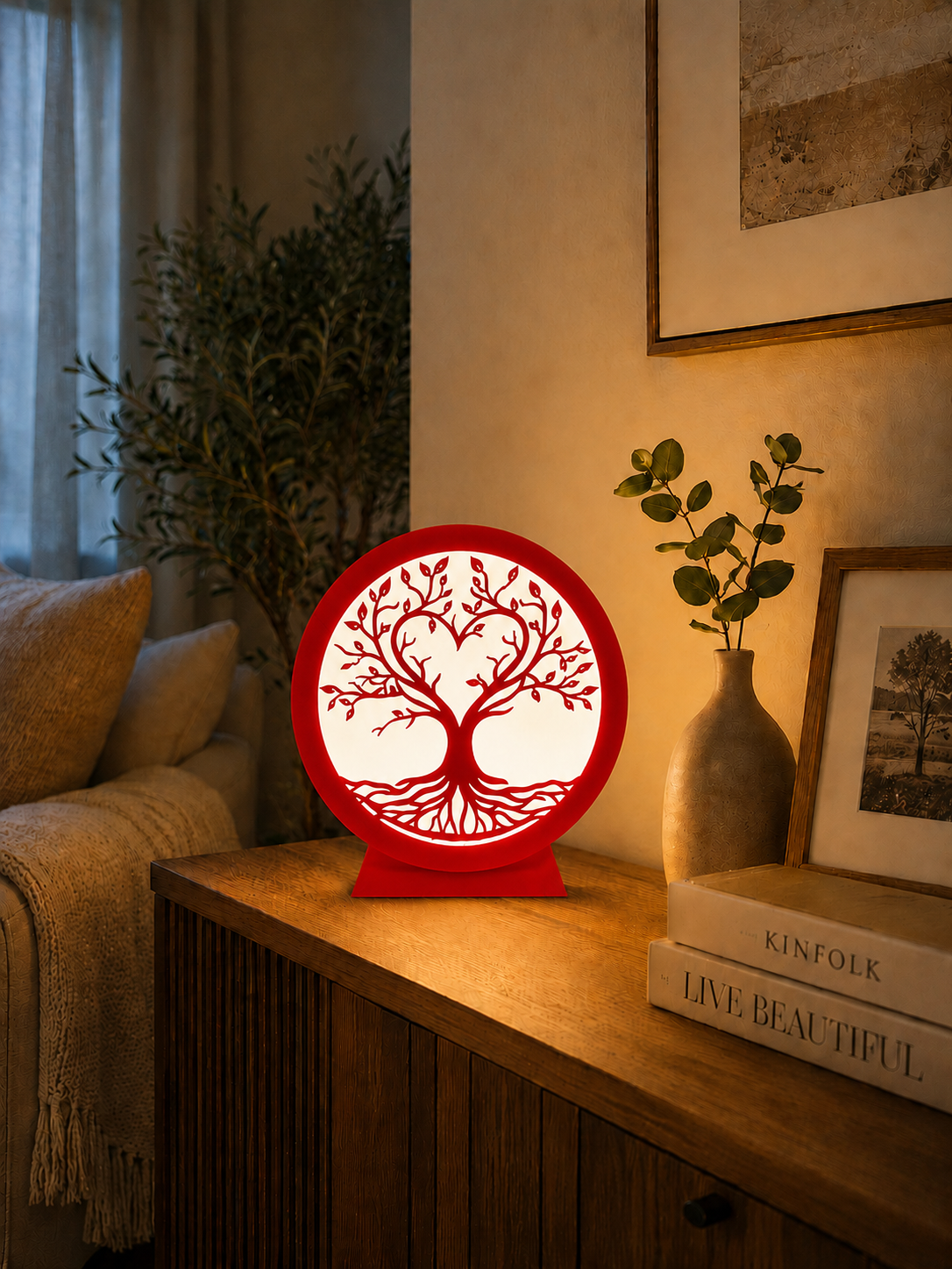 Elegant red Tree of Life LED lamp for modern home decor with warm ambient lighting.