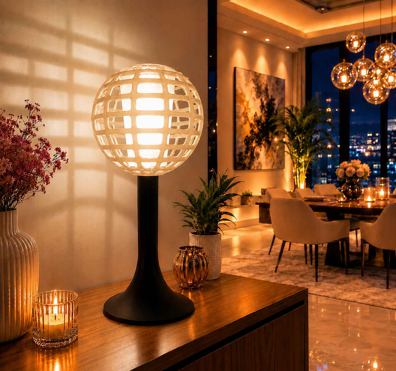 Modern beige 3D printed LED table lamp with a geometric spherical shade and elegant black base, creating warm ambient lighting for contemporary living rooms, bedrooms and sophisticated modern interiors.
