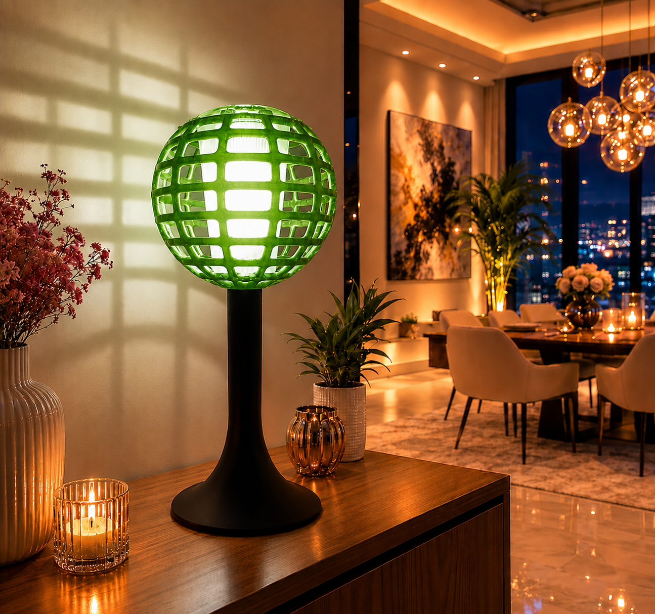 Modern green 3D printed LED table lamp with a geometric spherical shade and elegant black base, creating warm ambient lighting for contemporary living rooms, bedrooms and stylish modern interiors.