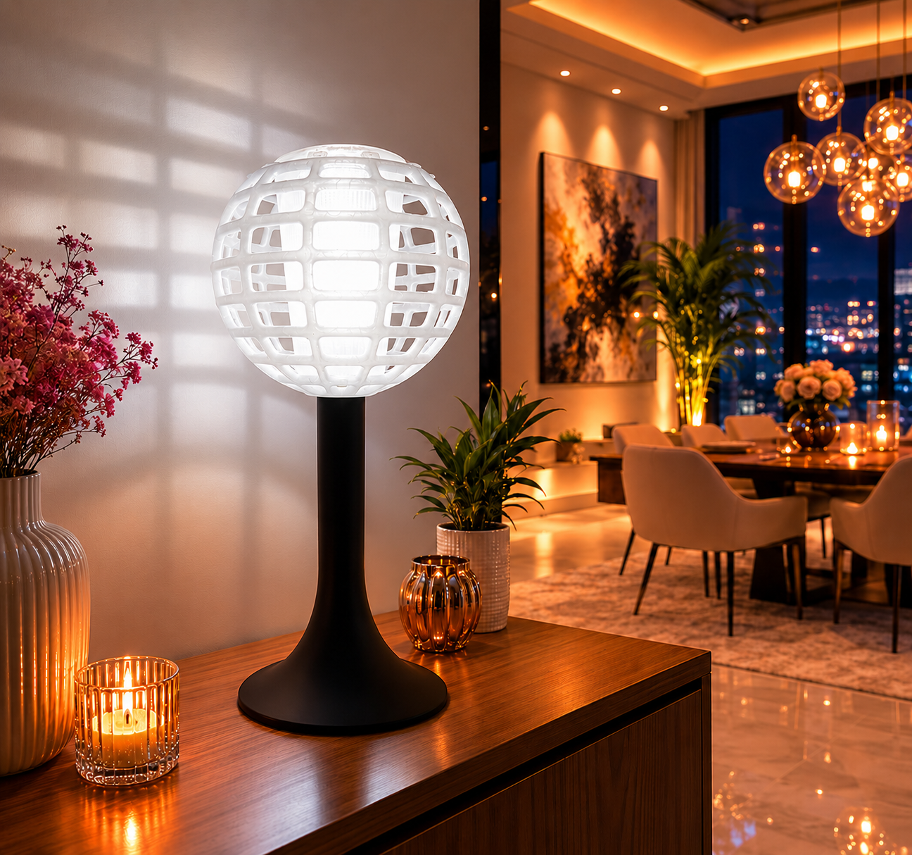 Modern white 3D printed LED table lamp with spherical geometric shade and black base, creating ambient light in a contemporary luxury living room.
