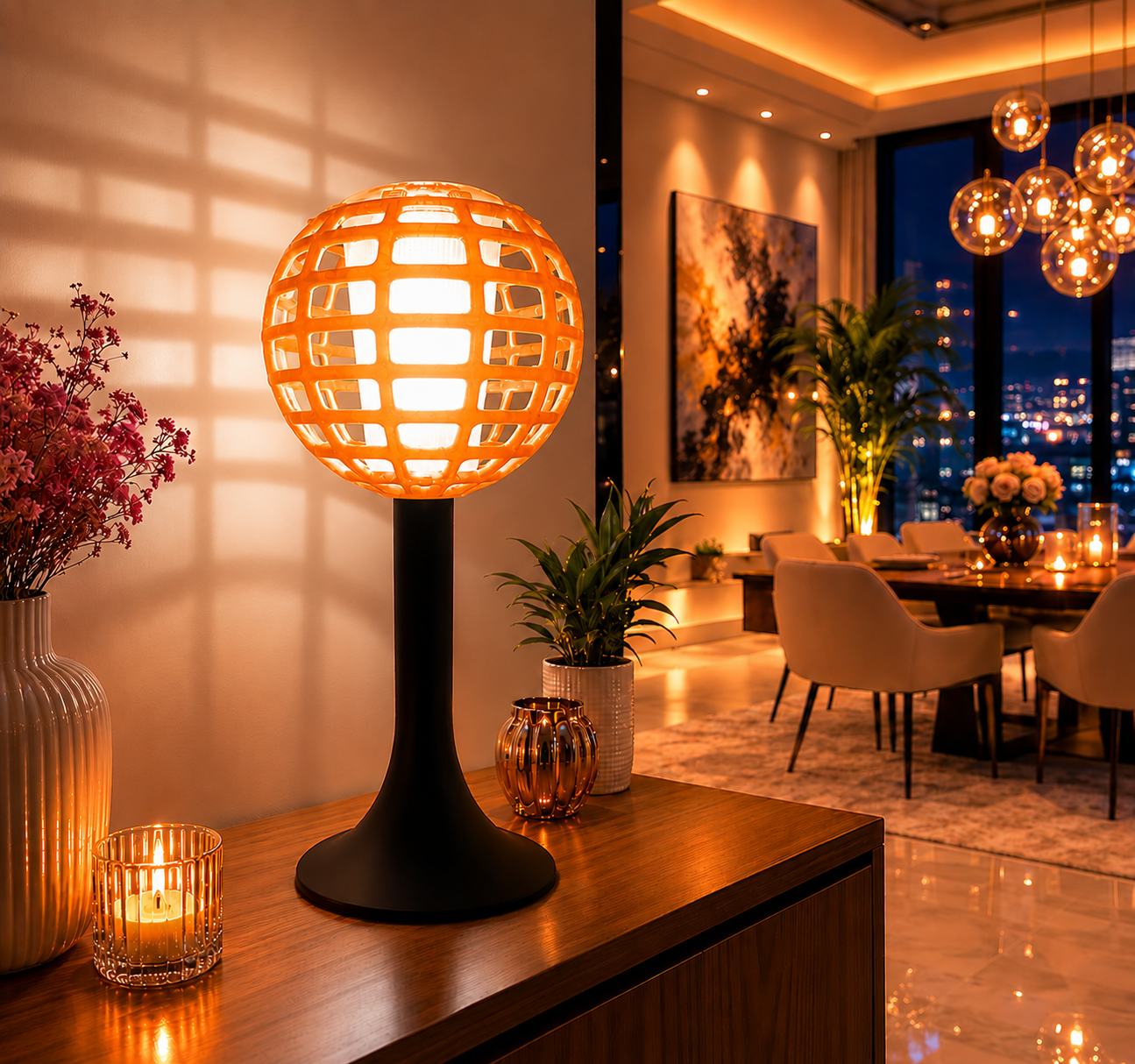 Modern orange 3D printed LED table lamp with a geometric sphere shade and black base, creating warm ambient lighting for contemporary living rooms, bedrooms and stylish interiors.