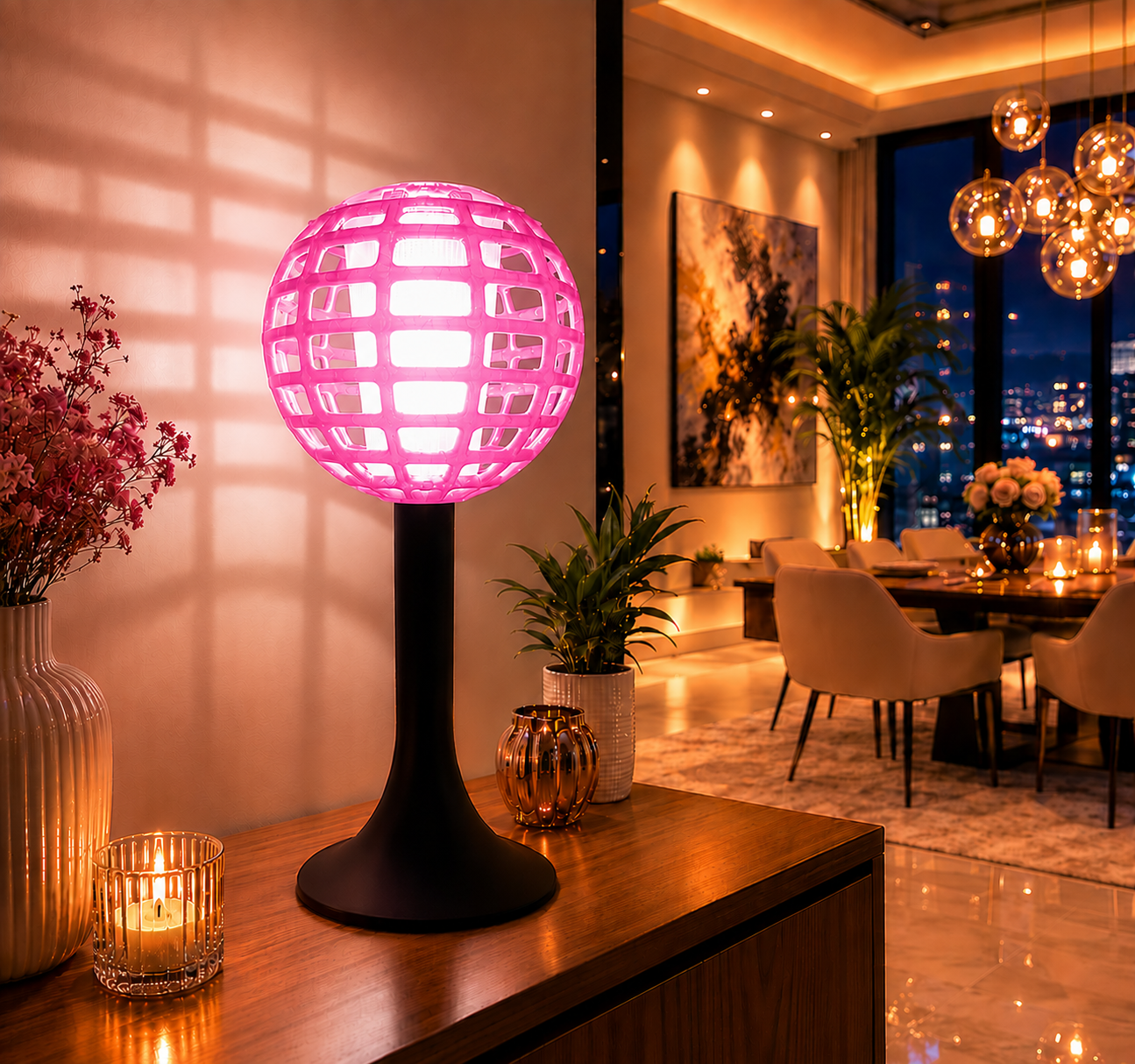 Modern pink 3D printed LED table lamp with a geometric spherical shade and elegant black base, creating soft ambient lighting for contemporary living rooms, bedrooms and stylish modern interiors.