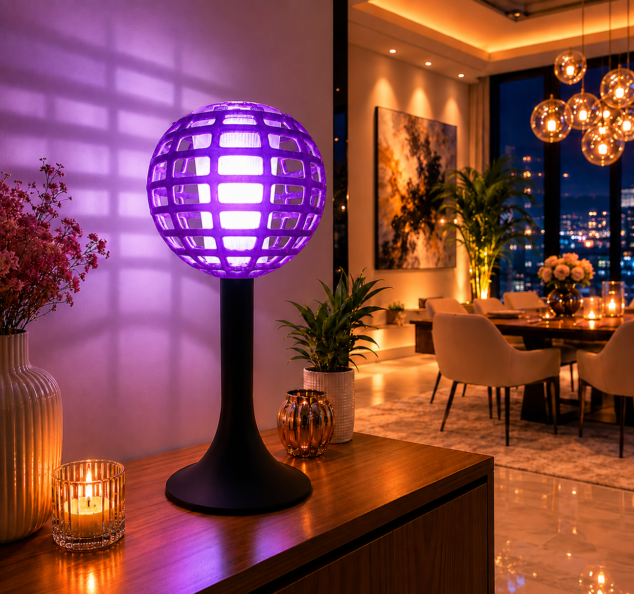 Modern purple 3D printed LED table lamp with a geometric spherical shade and elegant black base, creating vibrant ambient lighting for contemporary living rooms, bedrooms and modern interiors.
