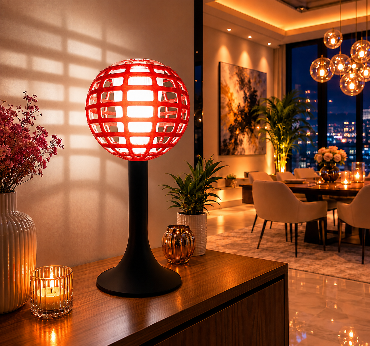 Modern red 3D printed LED table lamp with a geometric sphere design and black base, creating decorative ambient lighting for contemporary living rooms, bedrooms and stylish interiors.