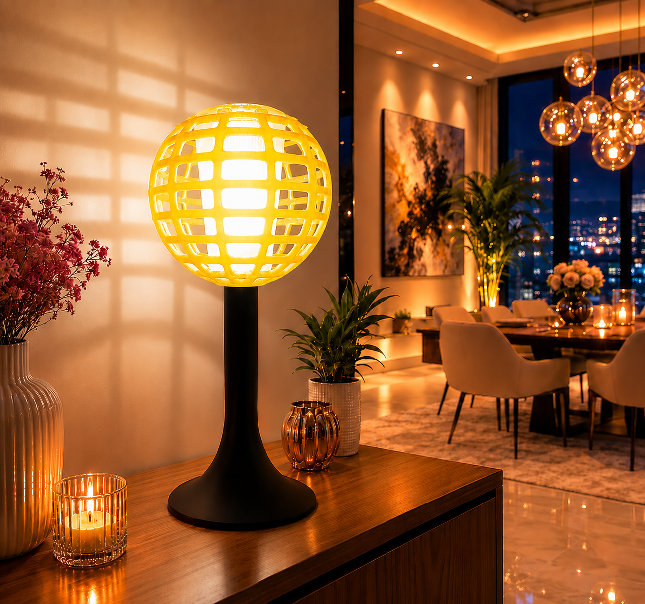 Modern yellow 3D printed LED table lamp with a geometric spherical shade and elegant black base, creating warm ambient lighting for contemporary living rooms, bedrooms and modern interiors.
