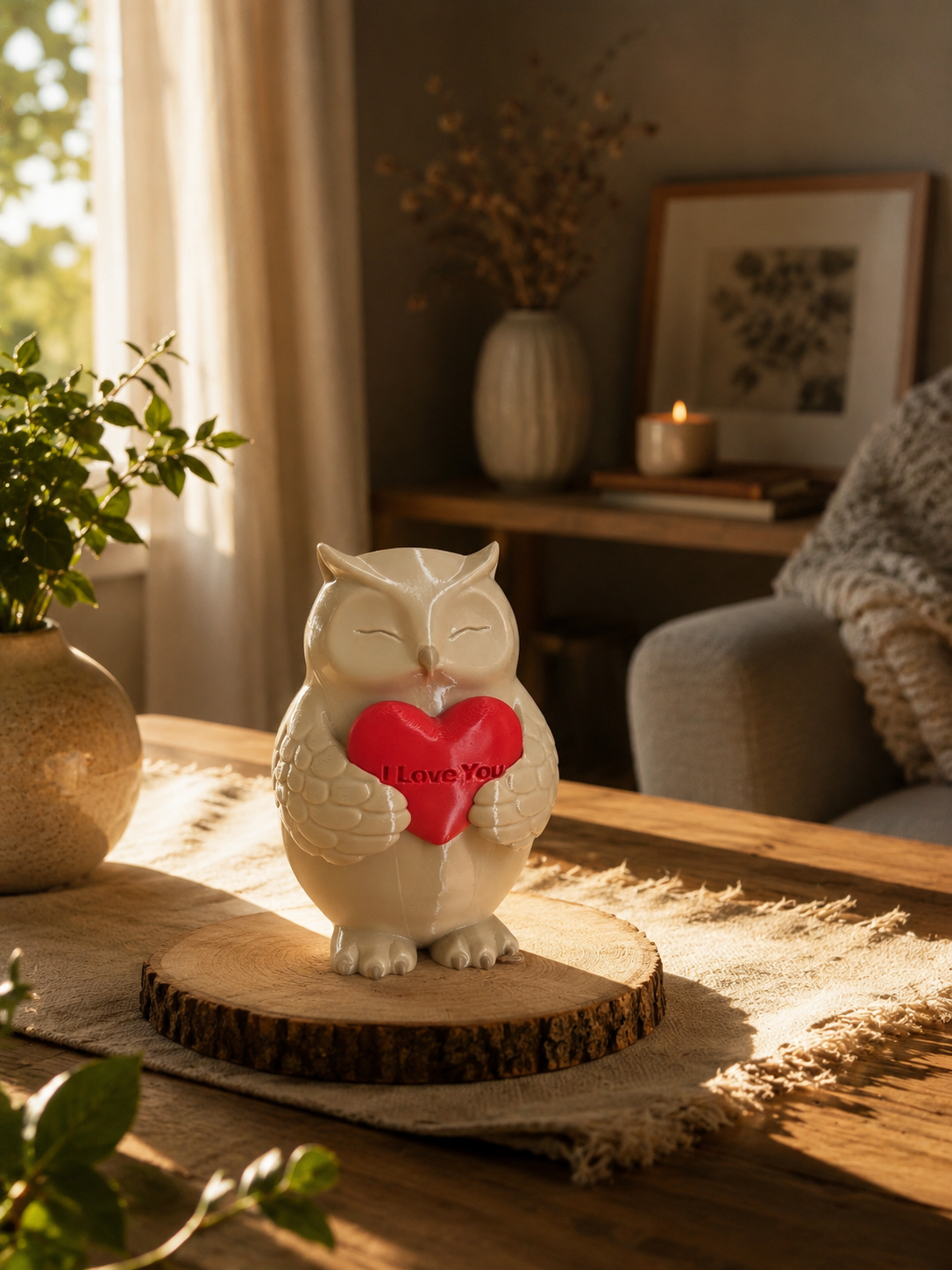 Cute owl statue with heart, unique romantic gift idea for her, him, wife, husband or partner.