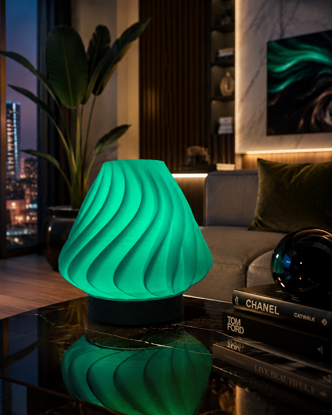 Sculptural green ambient table lamp featuring a flowing wave-inspired shade and black geometric base, displayed in an elegant contemporary living room with a luxurious modern interior.