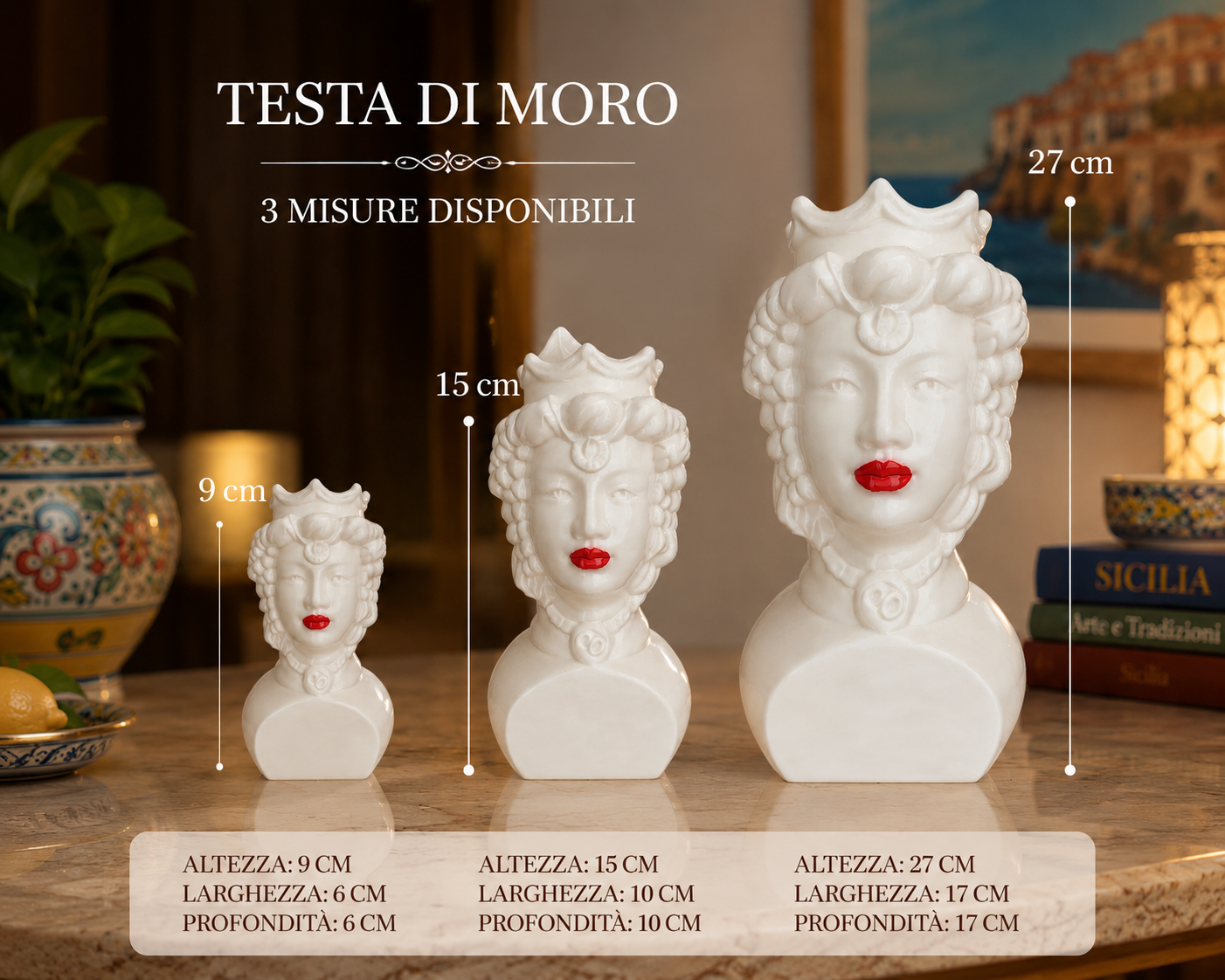 Decorative Sicilian Moor Head vase available in 9 cm, 15 cm and 27 cm sizes. Modern 3D printed home decor designed for shelves, tables, living rooms, offices and elegant interior styling.
