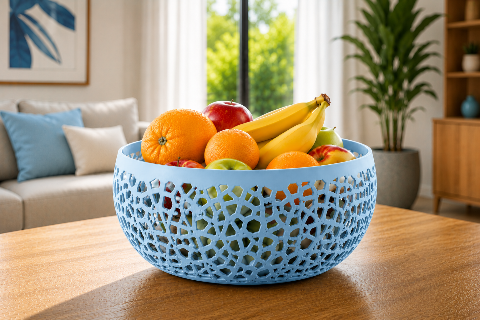 The Sky Blue Lumea modern fruit bowl is a premium 3D printed decorative basket crafted from durable PETG. Its elegant geometric openwork design and soft sky blue finish create a fresh and sophisticated centerpiece for displaying fresh fruit in contemporary kitchens, dining rooms, and modern living spaces. Designed and made in Italy, this stylish fruit basket combines timeless Italian craftsmanship, minimalist aesthetics, and everyday functionality, making it the perfect decorative fruit bowl for kitchen isl