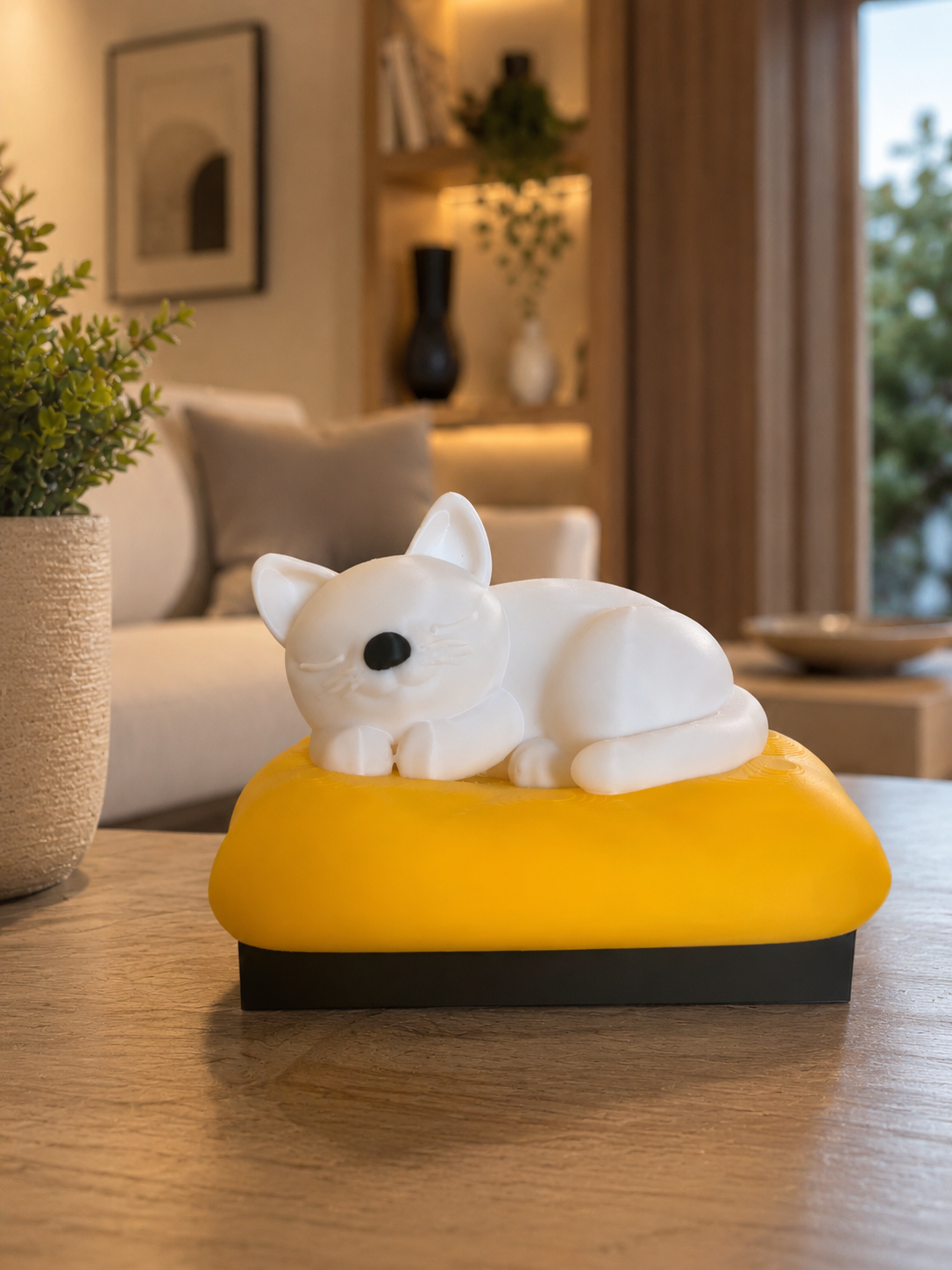 Minimalist sleeping cat sculpture designed for stylish interiors. Decorative 3D printed cat ornament perfect for Scandinavian, Japandi, and modern home decoration. Beautiful gift idea for cat lovers and design enthusiasts.