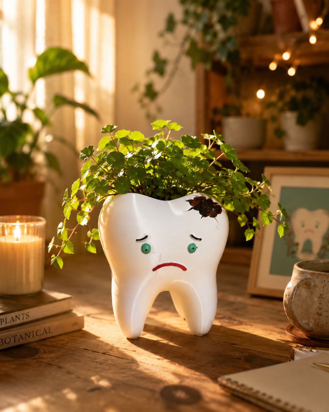 Tooth planter pot with indoor plant, modern home decor, unique 3D printed design
