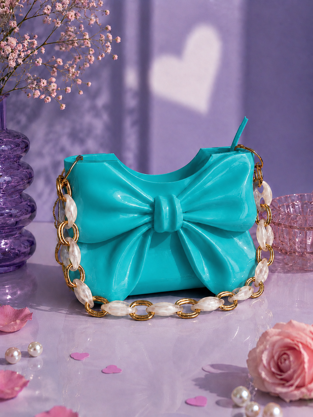 Elegant turquoise Dany bow handbag designed in 3D and crafted from high-quality PLA with a glossy finish. Luxury women's designer shoulder bag featuring a sculptural bow, perfect for modern fashion, summer outfits, beach style, elegant events, parties, vacations and everyday wear. A unique contemporary fashion accessory, statement handbag and premium gift for her.