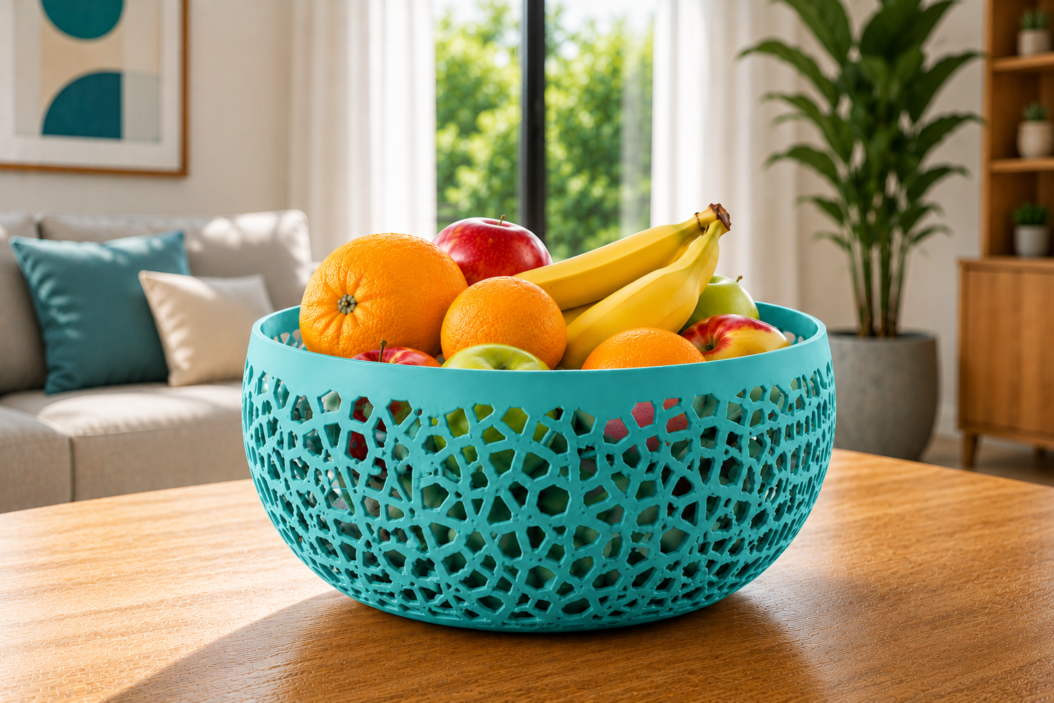 The Turquoise Lumea modern fruit bowl is a premium 3D printed decorative basket crafted from durable PETG. Featuring a refreshing turquoise finish and an elegant geometric openwork design, it is perfect for displaying fresh fruit while adding a vibrant touch to contemporary kitchens, dining rooms, and stylish living spaces. Designed and made in Italy, this luxury fruit basket combines timeless Italian craftsmanship, modern aesthetics, and everyday functionality, making it an eye-catching centerpiece for kit