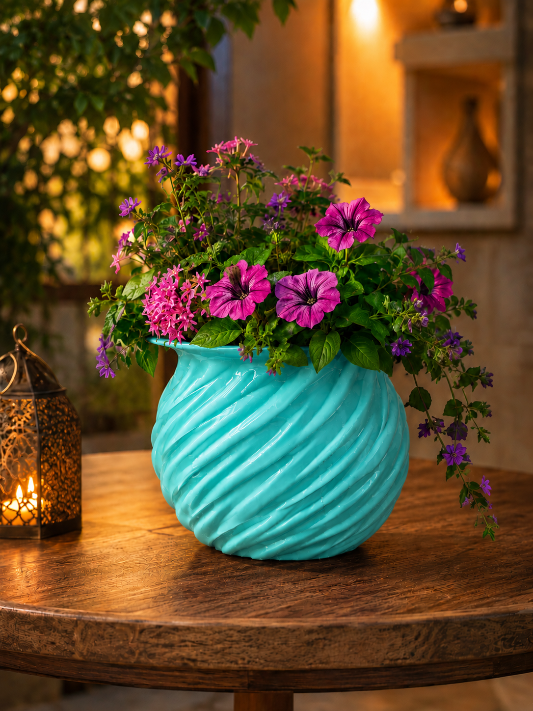 Elegant turquoise 3D printed planter featuring a modern spiral design, filled with vibrant colorful flowers. Premium decorative flower pot for indoor plants, luxury home decor, contemporary interior design, living room decoration, botanical styling, designer home accessories and modern floral arrangement.