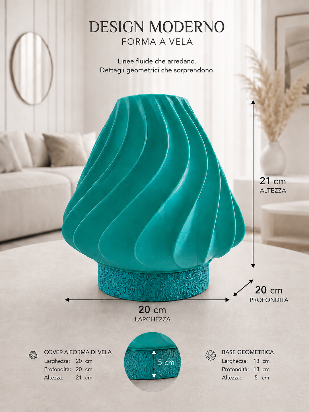 Turquoise sculptural table lamp with matching geometric base and flowing wave design, perfect for contemporary home décor, modern interiors and statement lighting.