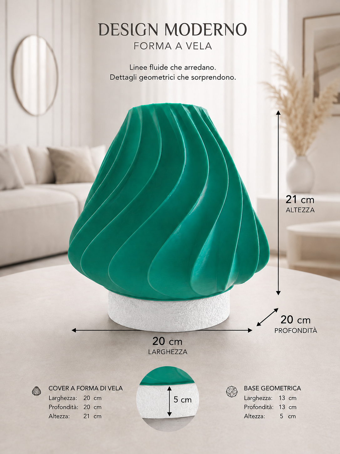 Turquoise modern table lamp with sculptural wave design and white geometric base, ideal for contemporary home décor, ambient lighting and modern interiors.