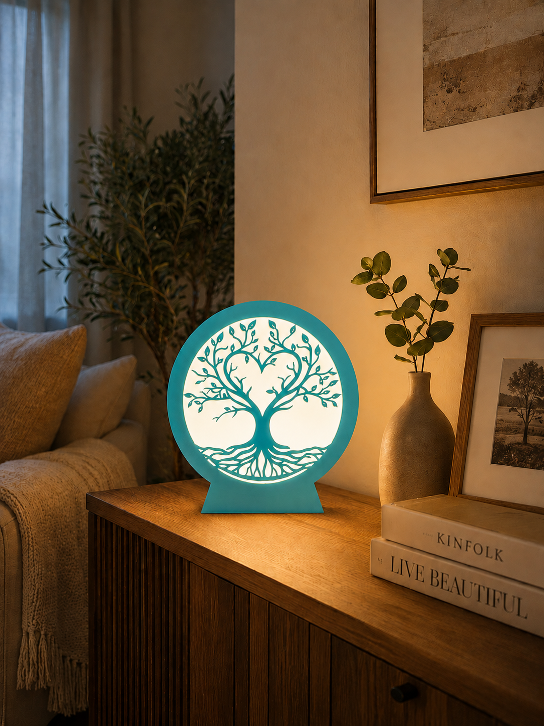 Turquoise Tree of Life LED lamp for modern home decor with elegant ambient lighting.