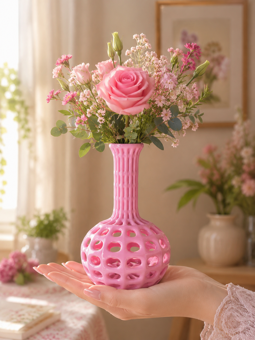 Atlantide Pink Designer Vase with flowers displayed on a woman's hand.