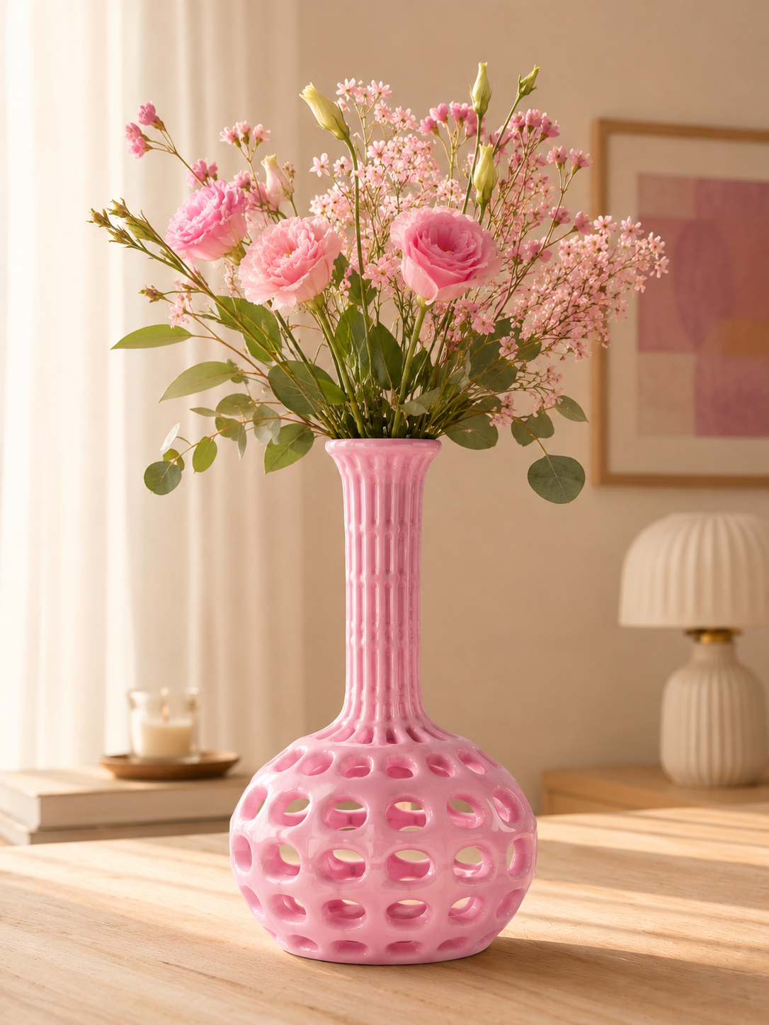 Atlantide Pink Vase in PETG with pink flower bouquet in elegant modern interior.